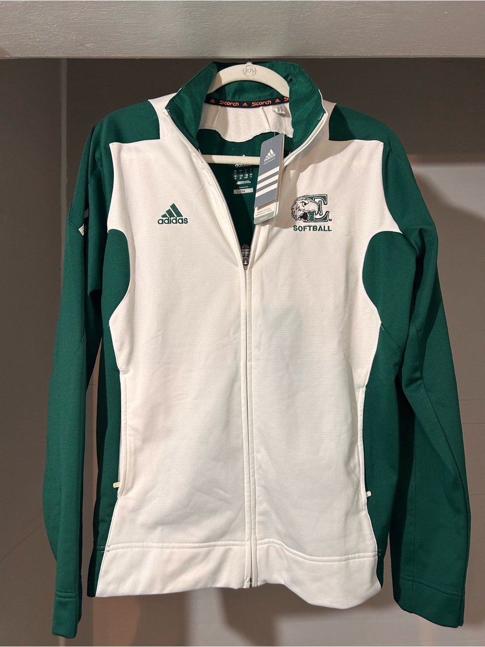 adidas White and Green Full-Zip Varsity Softball Jacket